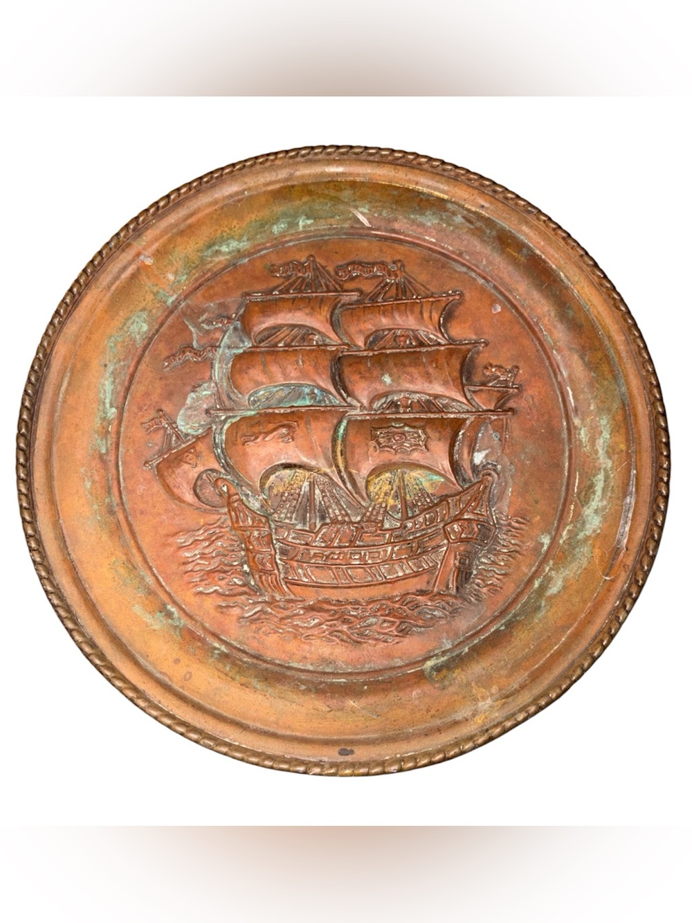 Vintage Pirate Ship Brass plate Embossed Wall Art 14x14 w/Patena Nautical